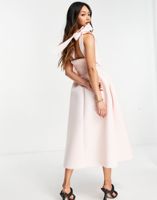 ASOS DESIGN shirred bunny tie prom midi dress in blush, 2 of 4