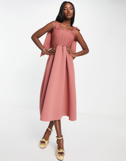 Asos Design Shirred Bunny Tie Prom Midi Dress In Rose Asos