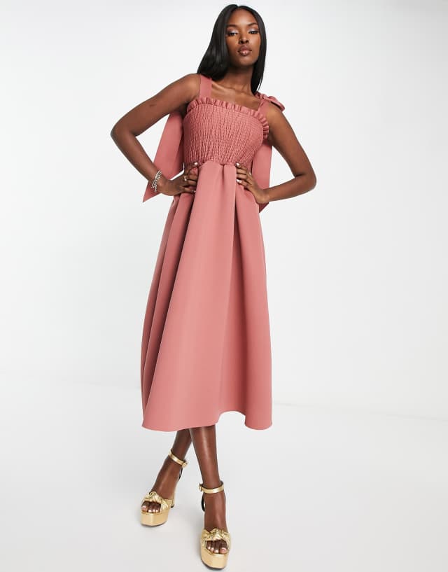 ASOS DESIGN shirred bunny tie prom midi dress in rose