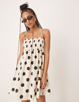 ASOS DESIGN shirred bust cotton linen blend mini dress in polka dot print