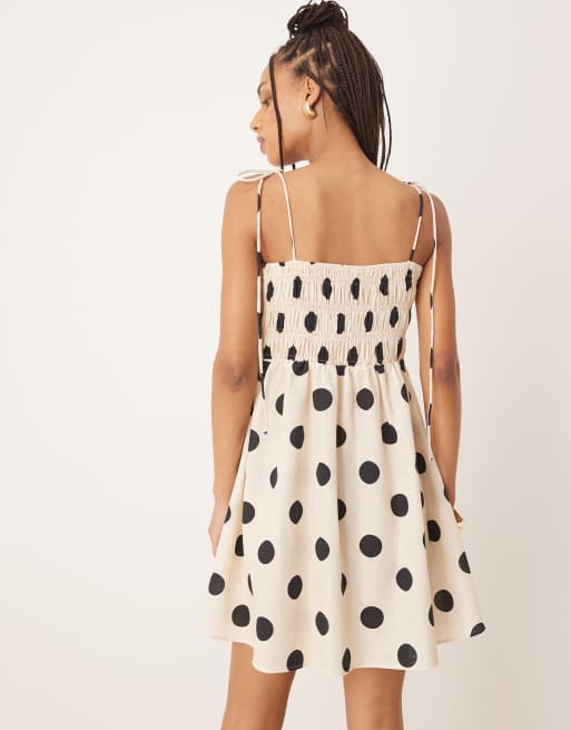ASOS DESIGN shirred bust cotton linen blend mini dress in polka dot print