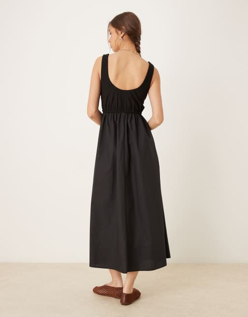ASOS DESIGN shirred bust cotton mix summer midi dress in black, 3 of 4