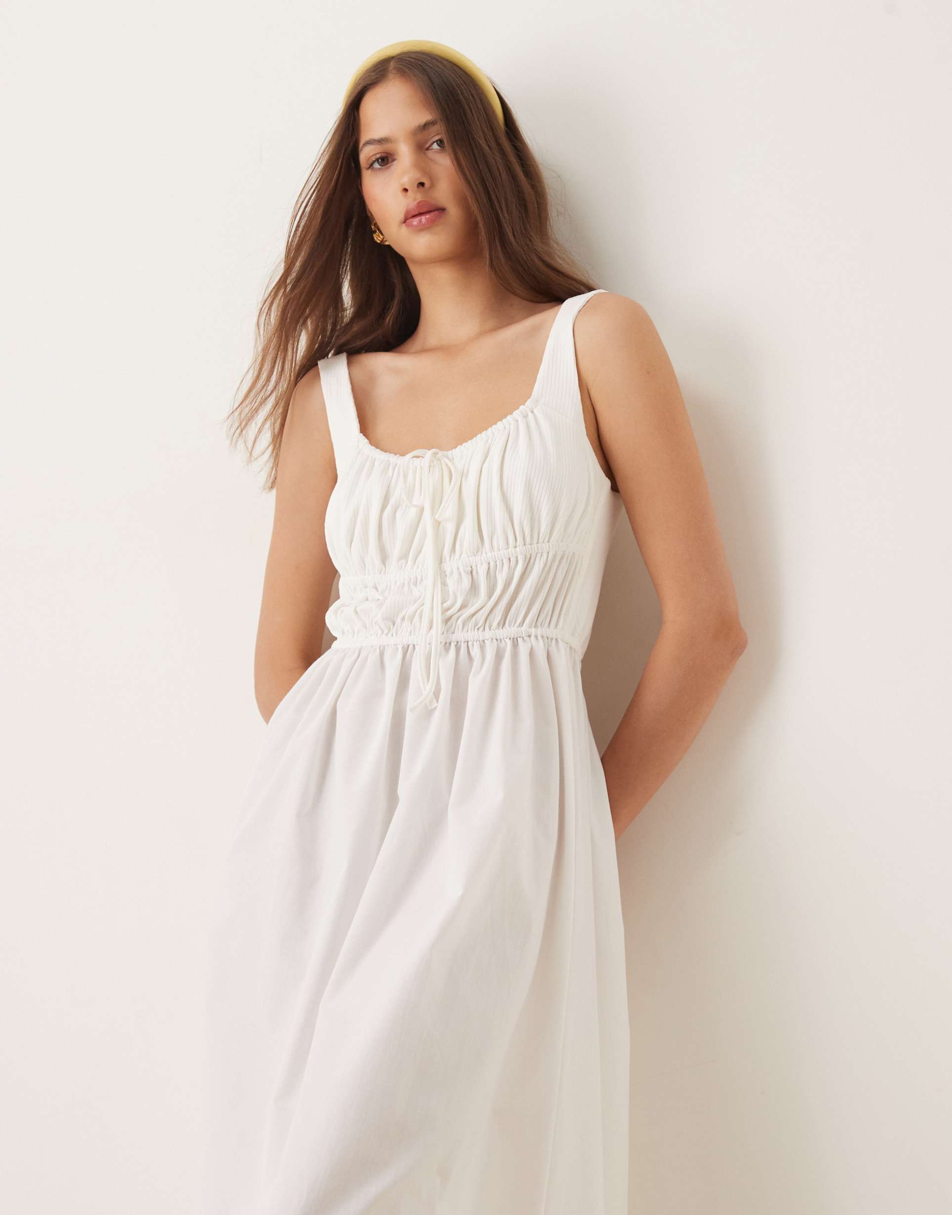 asos design shirred bust cotton mix summer midi dress in ivory