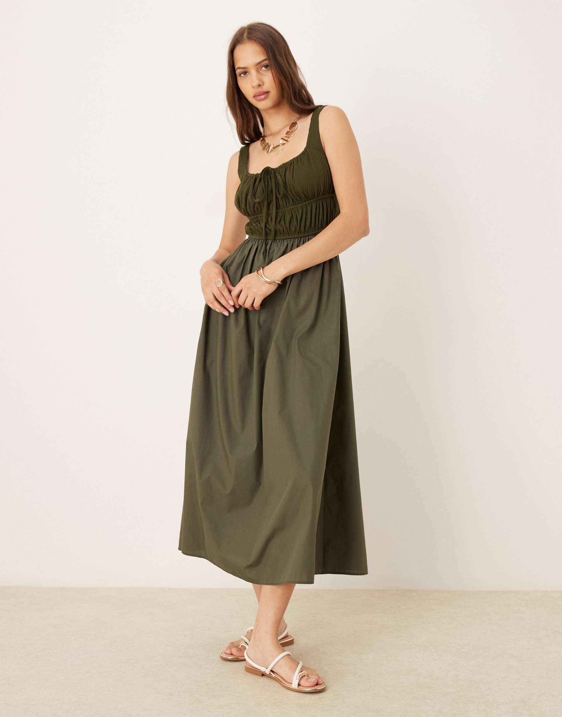 ASOS DESIGN shirred bust cotton mix summer midi dress in khaki