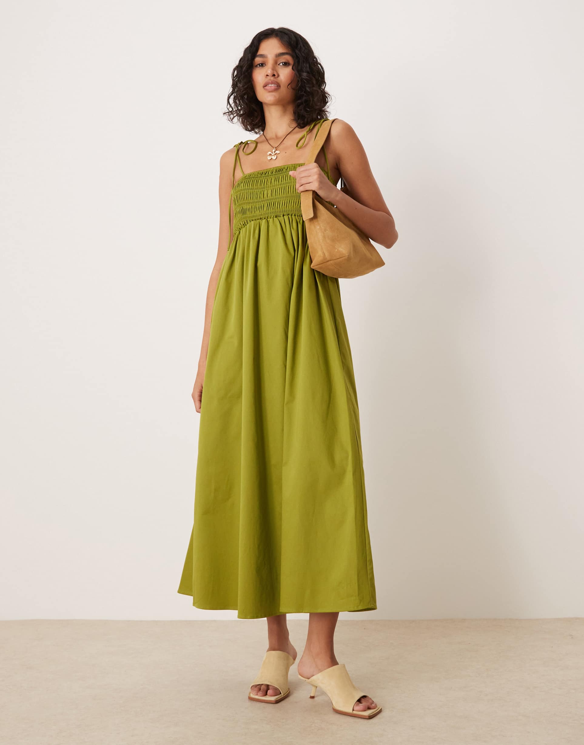 asos design shirred bust cotton poplin midi dress in khaki green