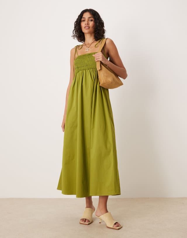 ASOS DESIGN shirred bust cotton poplin midi dress in khaki green