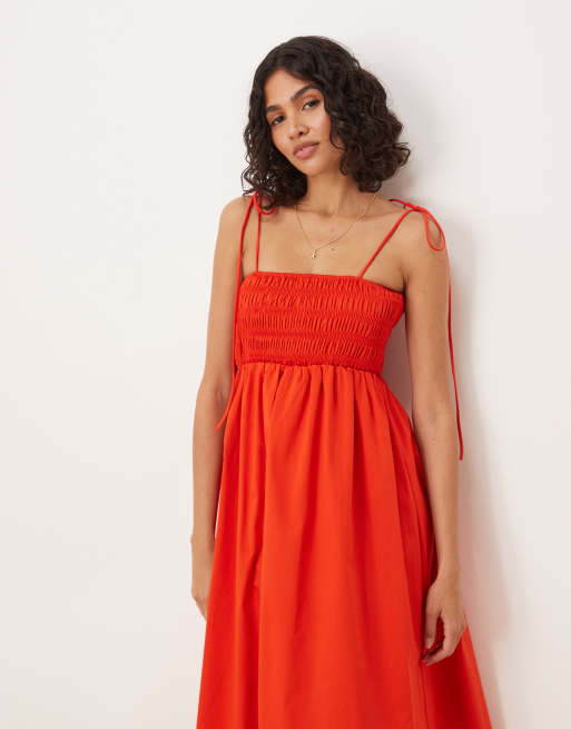 ASOS DESIGN shirred bust cotton poplin midi dress in red