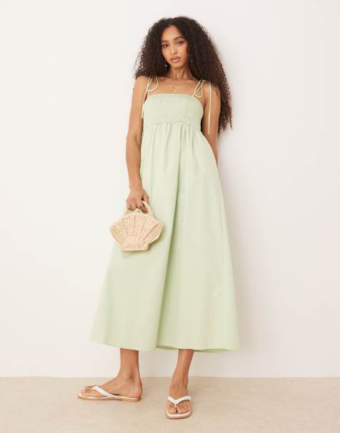 ASOS DESIGN shirred bust cotton poplin midi dress in sage - view 1