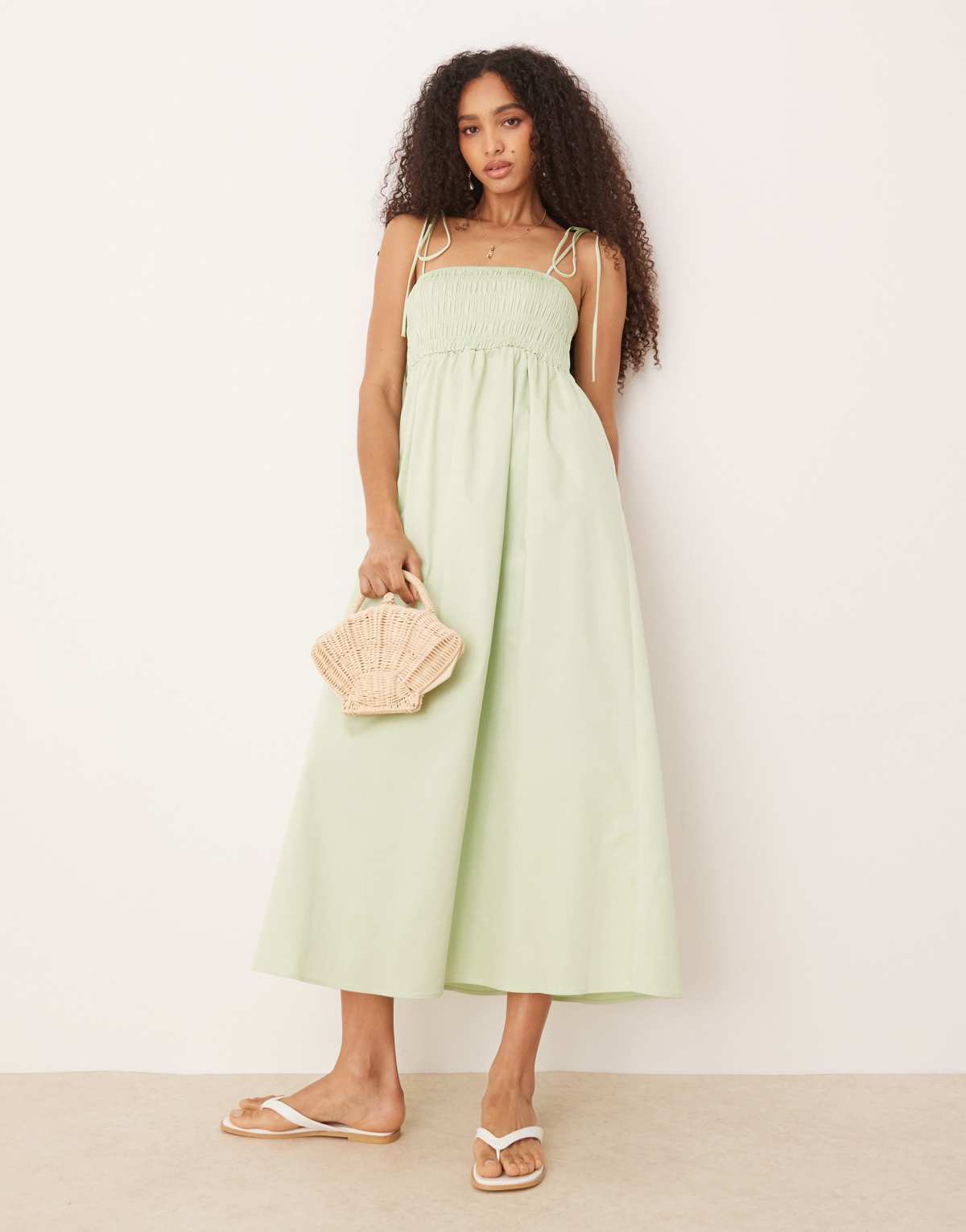ASOS DESIGN shirred bust cotton poplin midi dress in sage