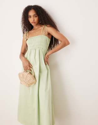 ASOS DESIGN shirred bust cotton poplin midi dress in sage | ASOS