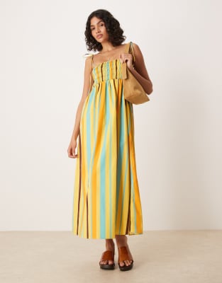 ASOS DESIGN shirred bust cotton poplin midi dress in stripes