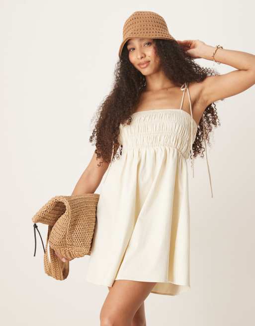 ASOS DESIGN shirred bust cotton poplin mini dress in buttermilk yellow, 3 of 4