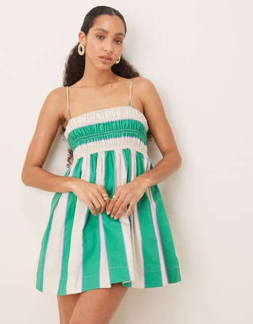 ASOS DESIGN shirred bust cotton poplin mini dress in green and lilac stripe
