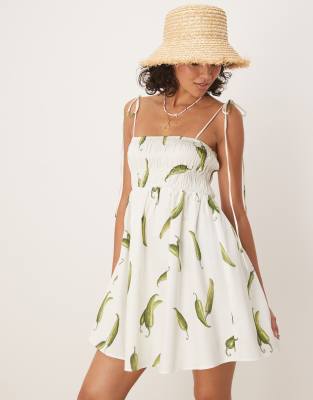asos design shirred bust cotton poplin mini dress in green chile print