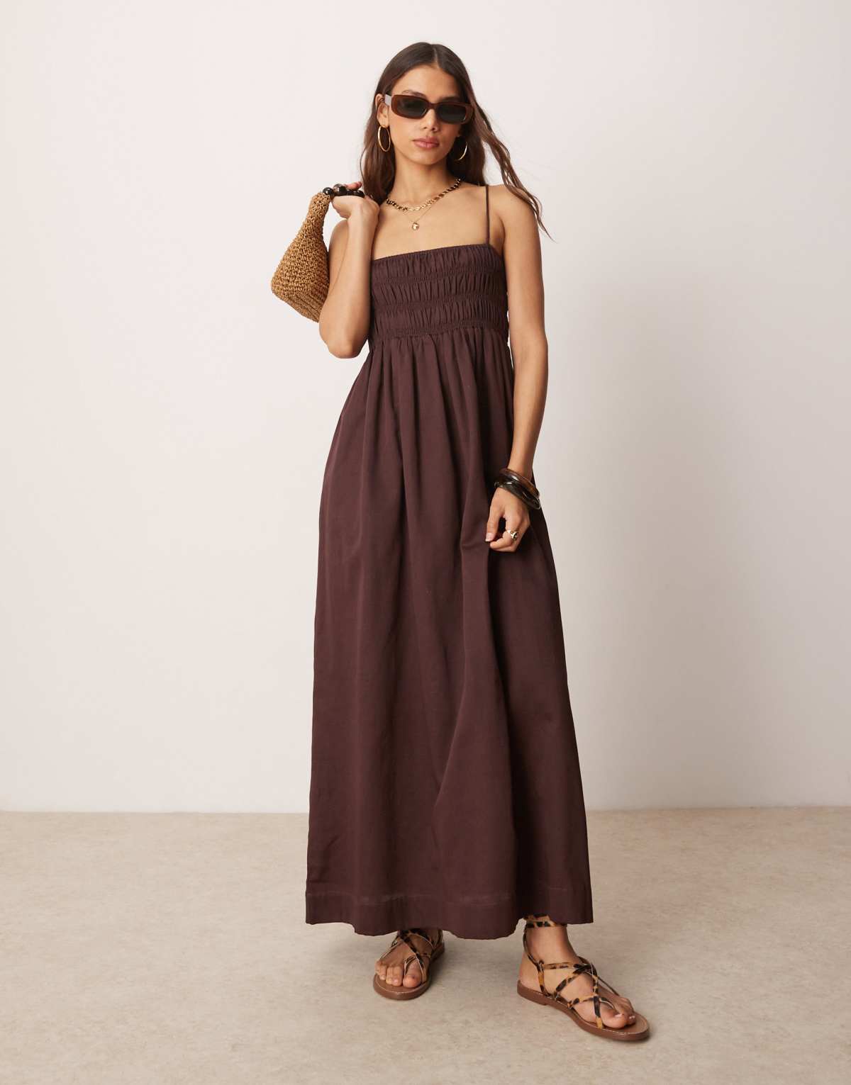 ASOS DESIGN shirred bust cotton sateen maxi dress in chocolate