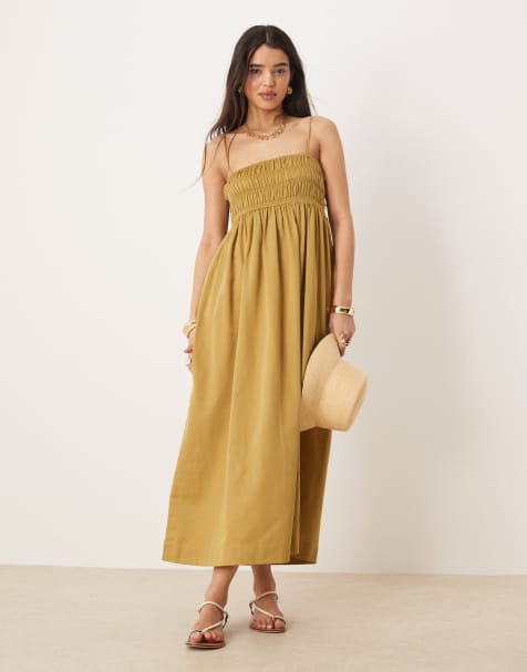 ASOS DESIGN shirred bust cotton sateen maxi dress in moss - view 1