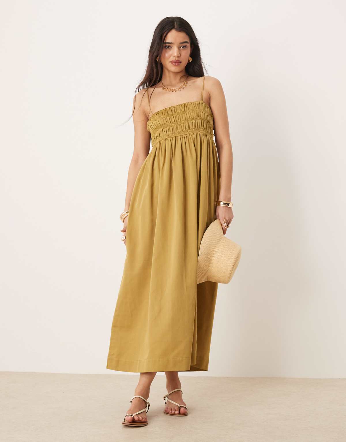 ASOS DESIGN shirred bust cotton sateen maxi dress in moss
