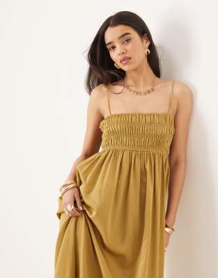 ASOS DESIGN shirred bust cotton sateen maxi dress in moss