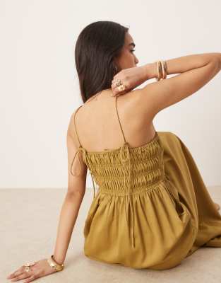 ASOS DESIGN shirred bust cotton sateen maxi dress in moss