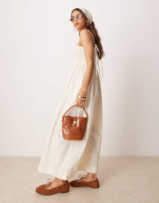ASOS DESIGN shirred bust cotton sateen maxi dress in oyster, 2 of 4