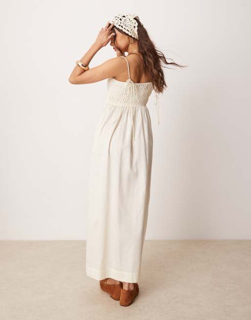 ASOS DESIGN shirred bust cotton sateen maxi dress in oyster, 4 of 4