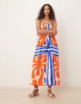 ASOS DESIGN fold over bandeau midi dress with godets in tropical conversational print