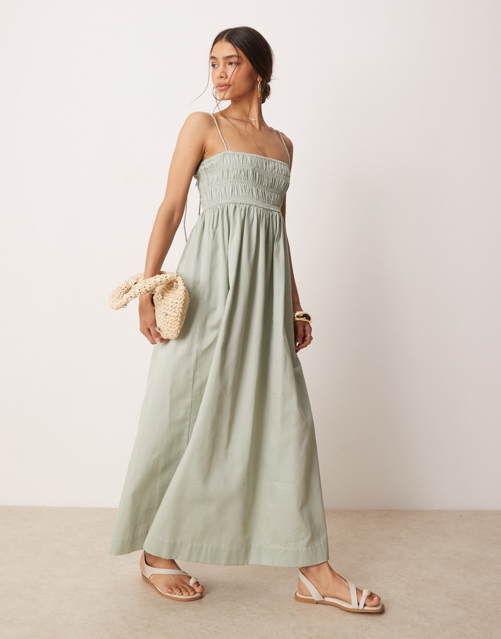 asos design shirred bust cotton sateen maxi dress in sage