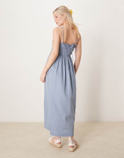 ASOS DESIGN shirred bust cotton sateen maxi sundress in denim blue , 3 of 4