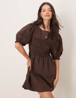 Asos Design Shirred Bust Detail Mini Dress In Brown