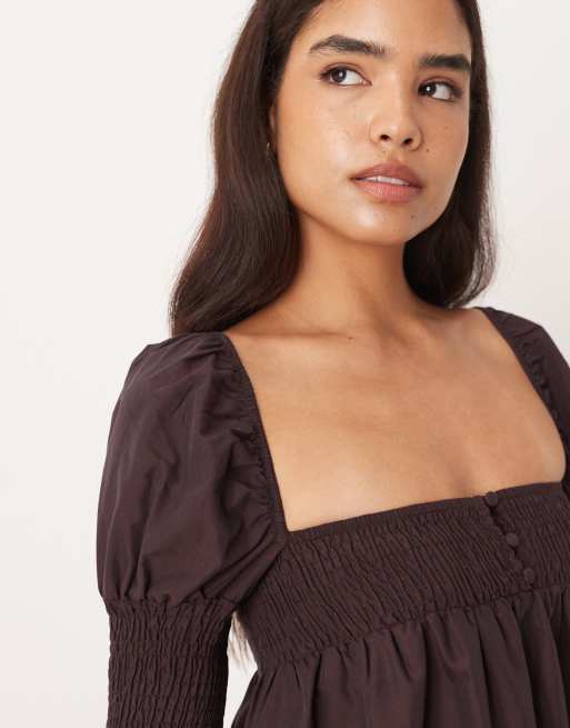 ASOS DESIGN shirred bust long sleeve button front mini dress in dark burgundy