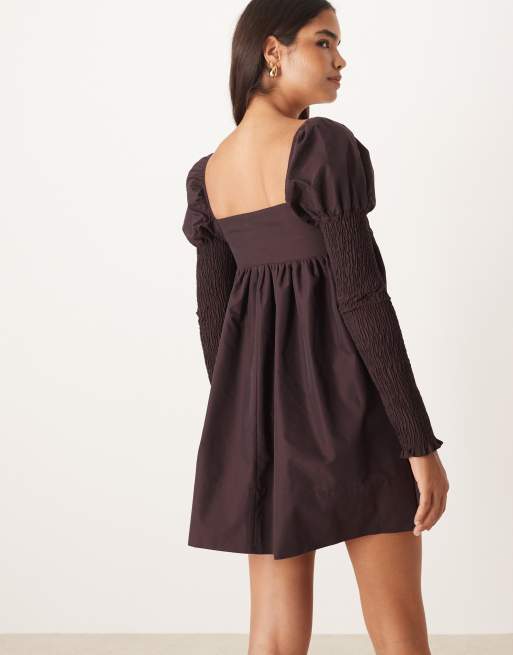 ASOS DESIGN shirred bust long sleeve button front mini dress in dark burgundy