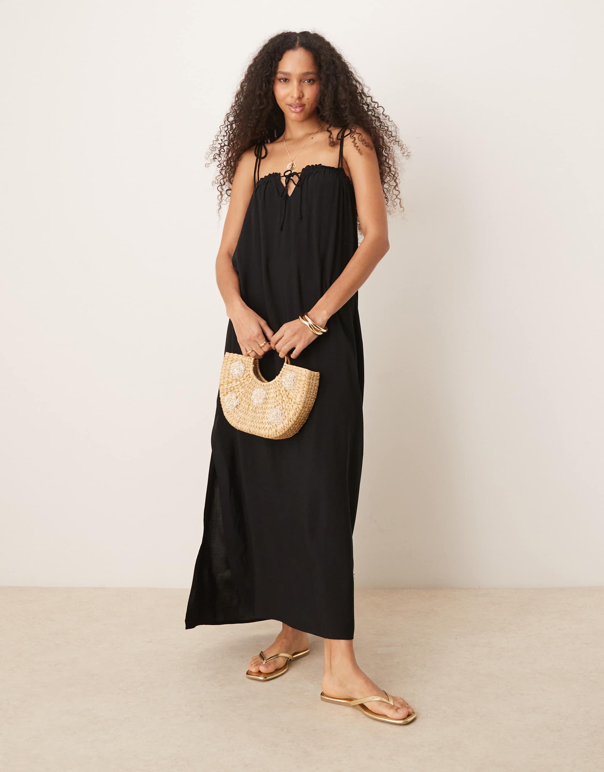 asos design shirred bust maxi beach dress in black
