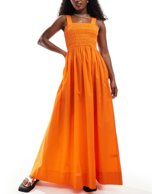 Women's Shirred Ruffle Bandeau Summer Dress Orange –