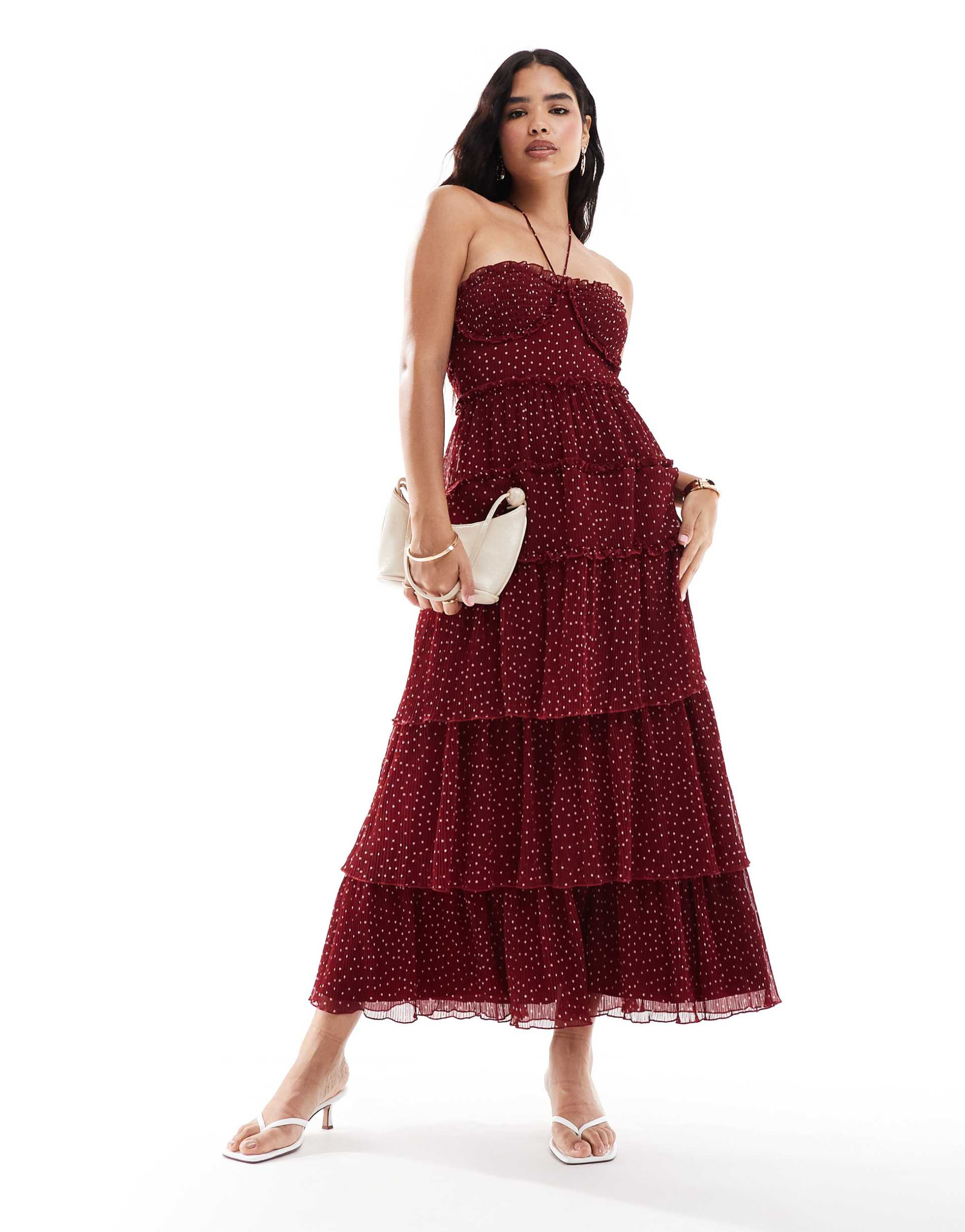 asos design shirred bust micro pleat tiered maxi dress in burgundy spot