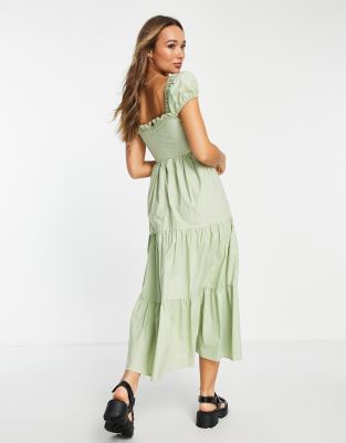 midi shirred layered ruffle dress