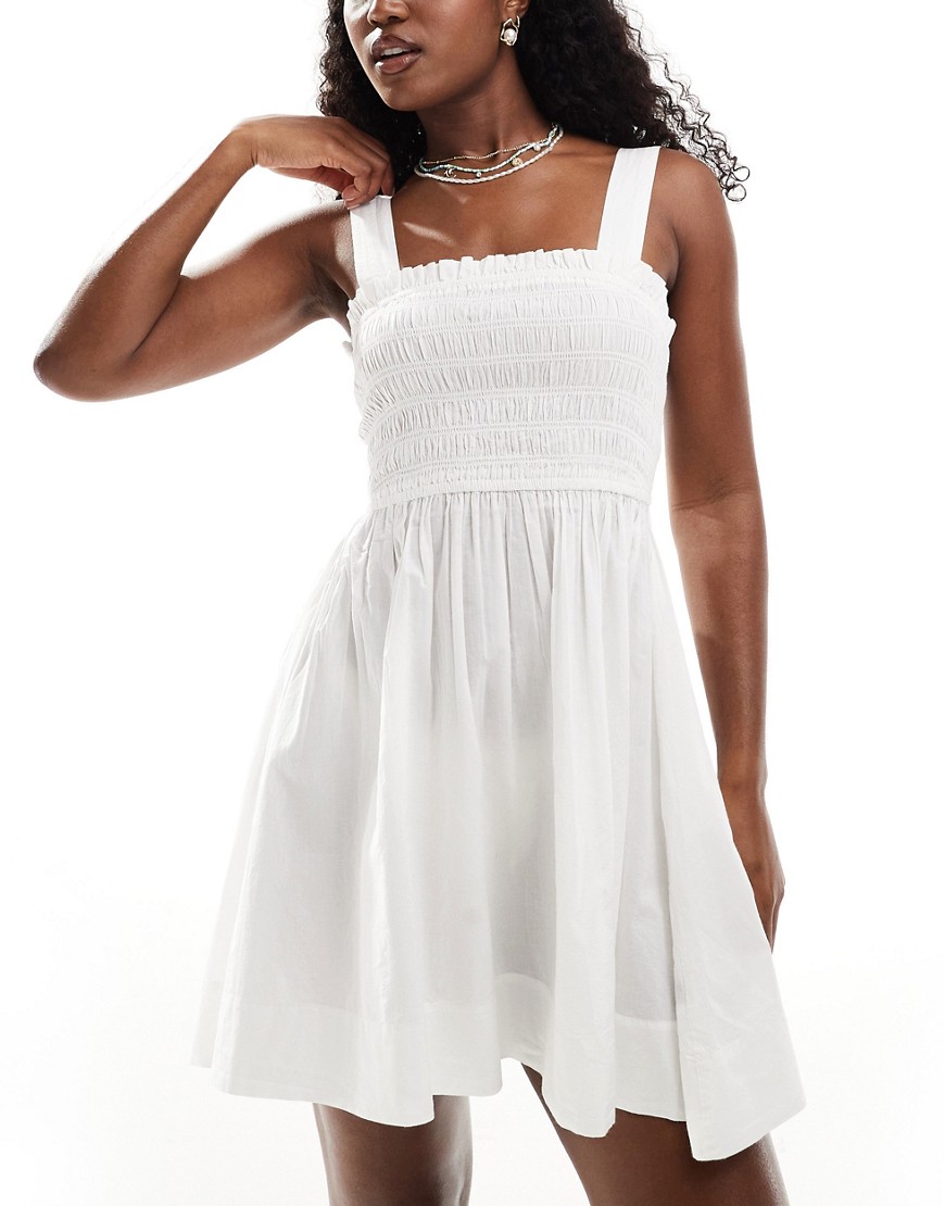 Asos Design Shirred Bust Mini Beach Dress In White