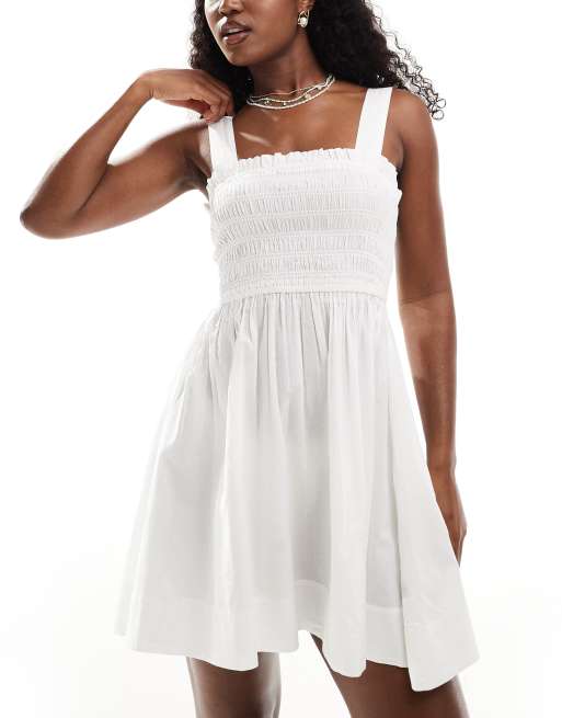 ASOS DESIGN shirred bust mini beach dress in white
