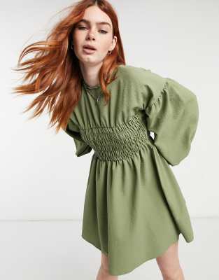 ASOS DESIGN shirred bust mini dress in texture in khaki ASOS