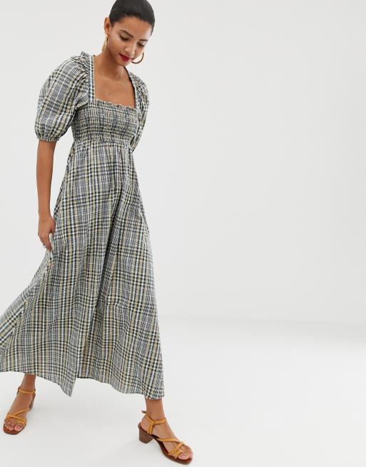 ASOS DESIGN shirred bustier maxi dress in seersucker check print