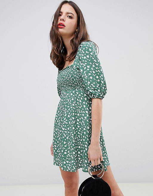 ASOS DESIGN shirred bustier mini skater dress with puff sleeve in floral print