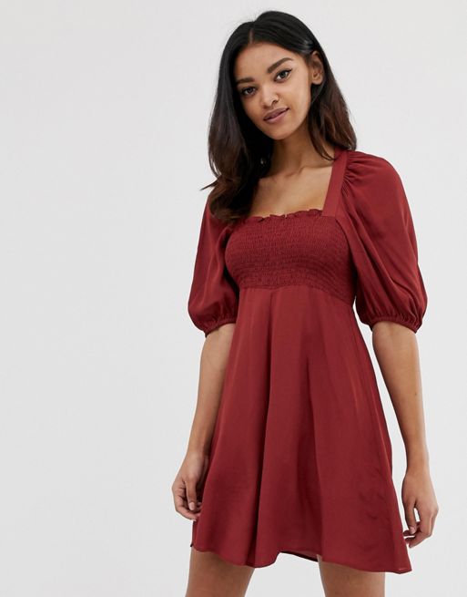 ASOS DESIGN shirred bustier mini skater dress with puff sleeve | ASOS
