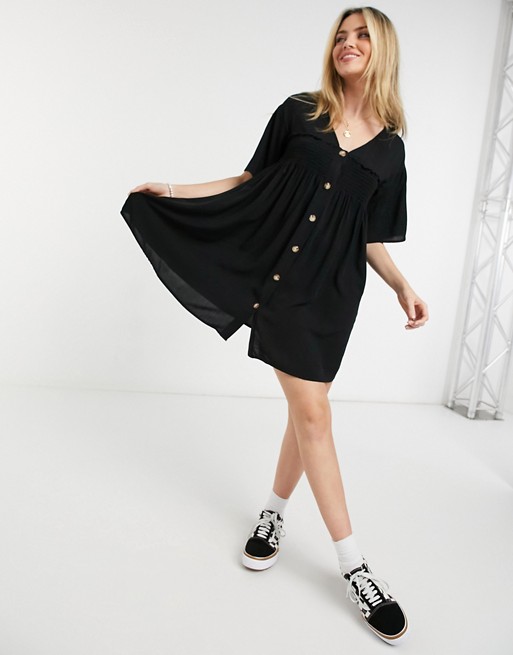 ASOS DESIGN button through mini smock dress with shirring detail in black