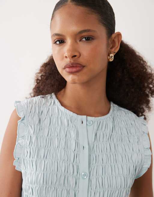 ASOS DESIGN shirred button through singlet in baby blue, 2 of 4