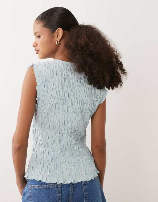 ASOS DESIGN shirred button through vest in baby blue, 4 of 4