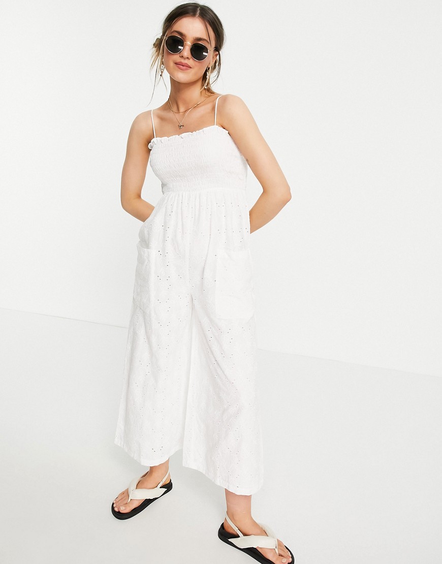 ASOS DESIGN shirred cami broderie culotte jumpsuit in white