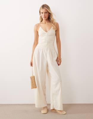 Asos Design Shirred Cami Jumpsuit With Lace Trim In Multi