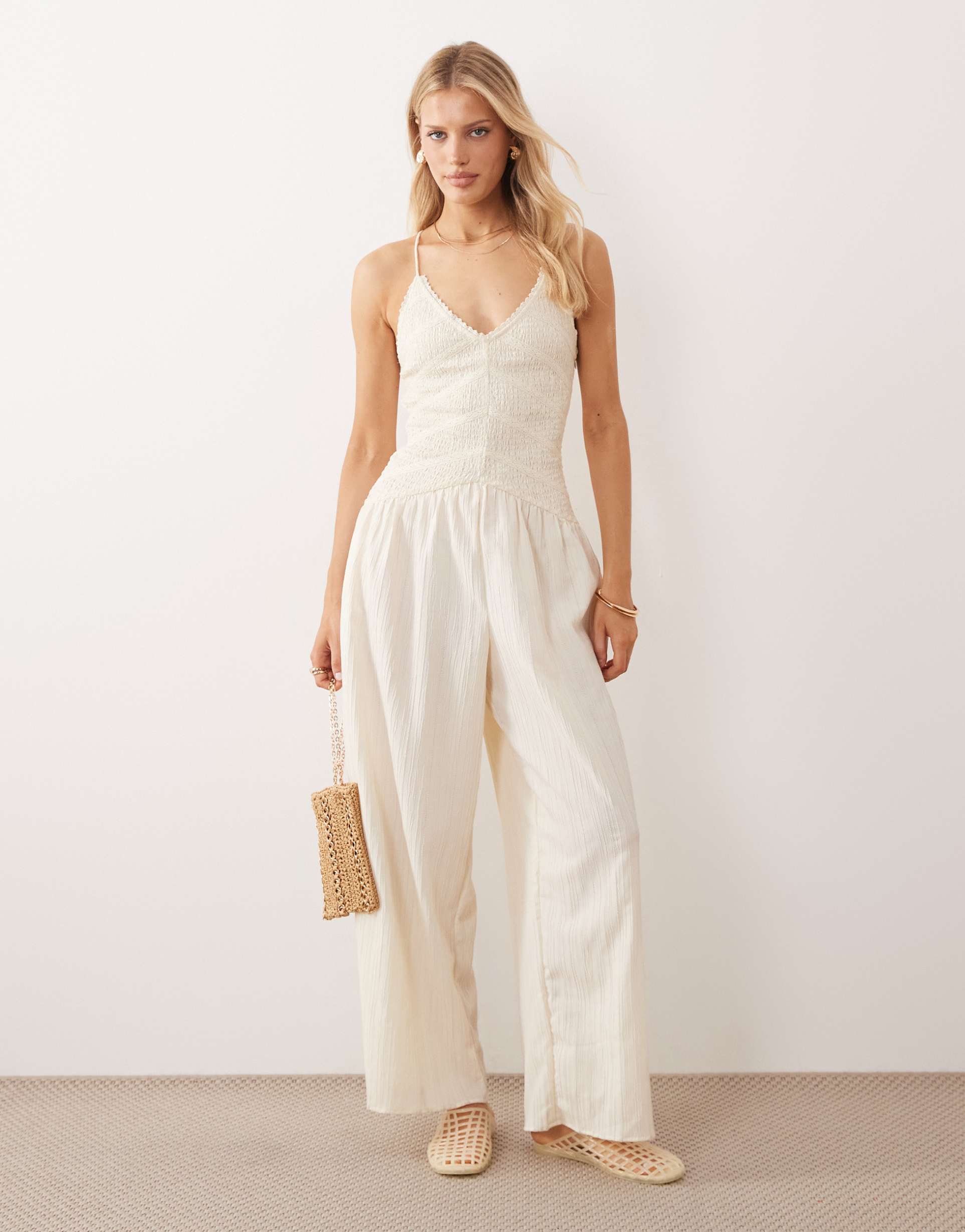 asos design shirred cami jumpsuit with lace trim in buttermilk