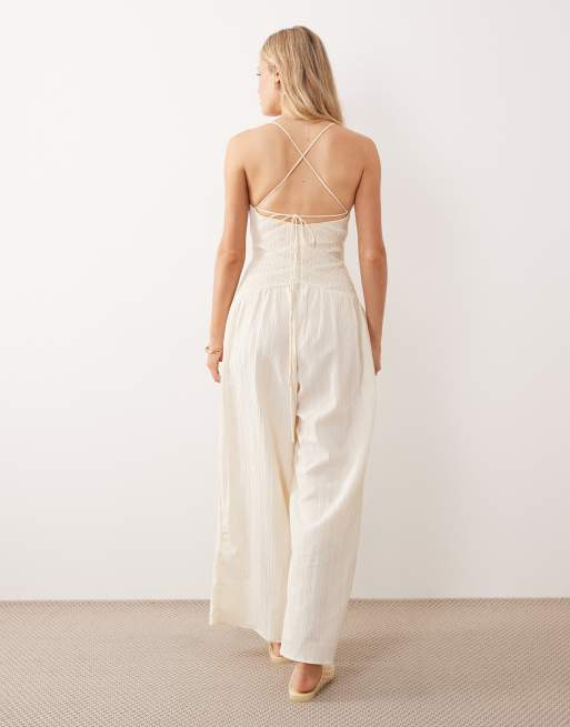 ASOS DESIGN shirred cami jumpsuit with lace trim in buttermilk, 2 of 4