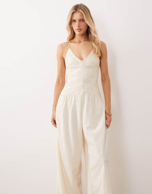 ASOS DESIGN shirred cami jumpsuit with lace trim in buttermilk, 4 of 4