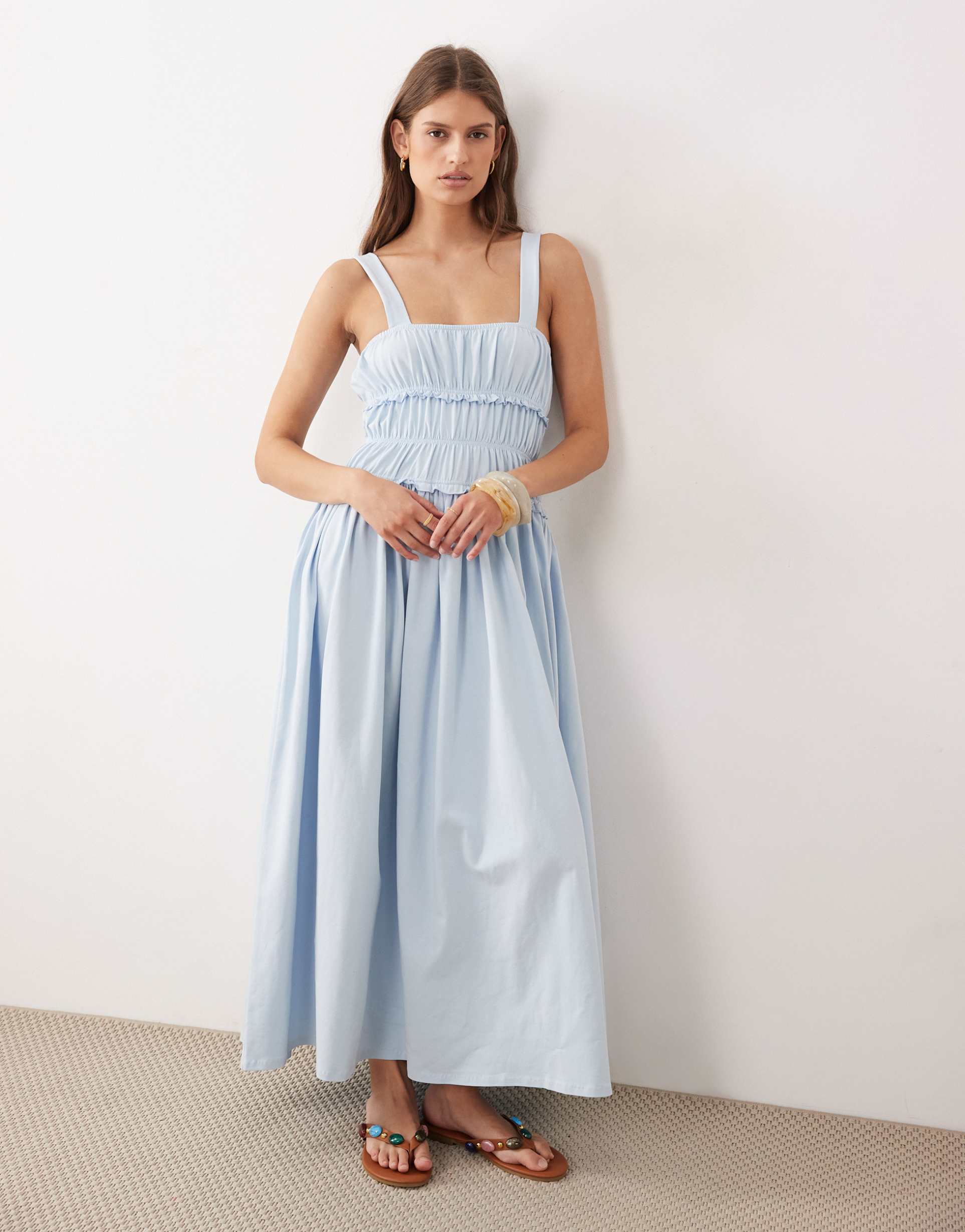 asos design shirred cami maxi dress in light blue